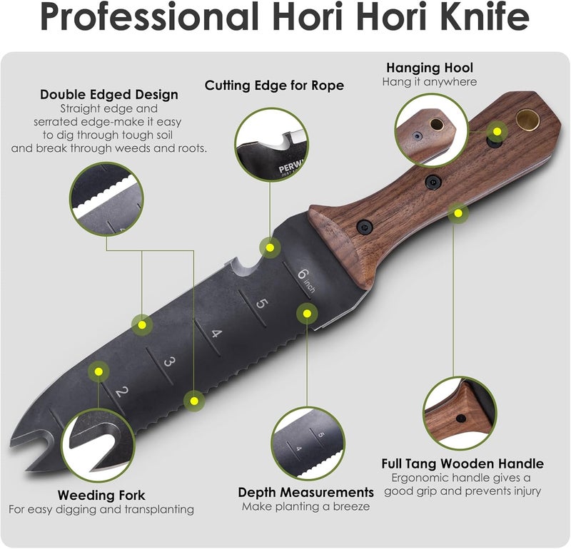 PERWIN Hori Hori Garden Knife, Garden Tools with Sheath for Weeding, Planting, Digging, 7" Stainless Steel Blade with Cutting Edge, Full-Tang Walnut Wood Handle with Hanging Hole - Image 3